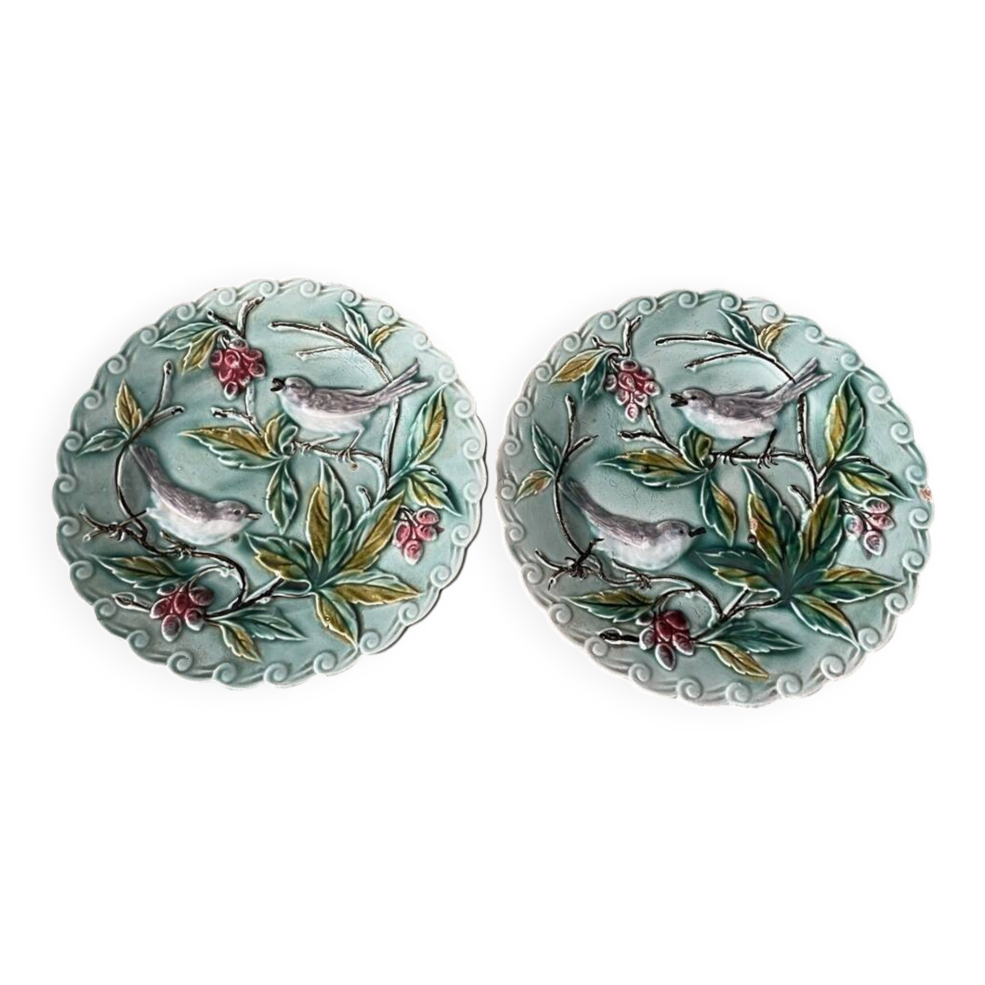 Duo of plates in barbotine decorated with two birds on a fruit tree
