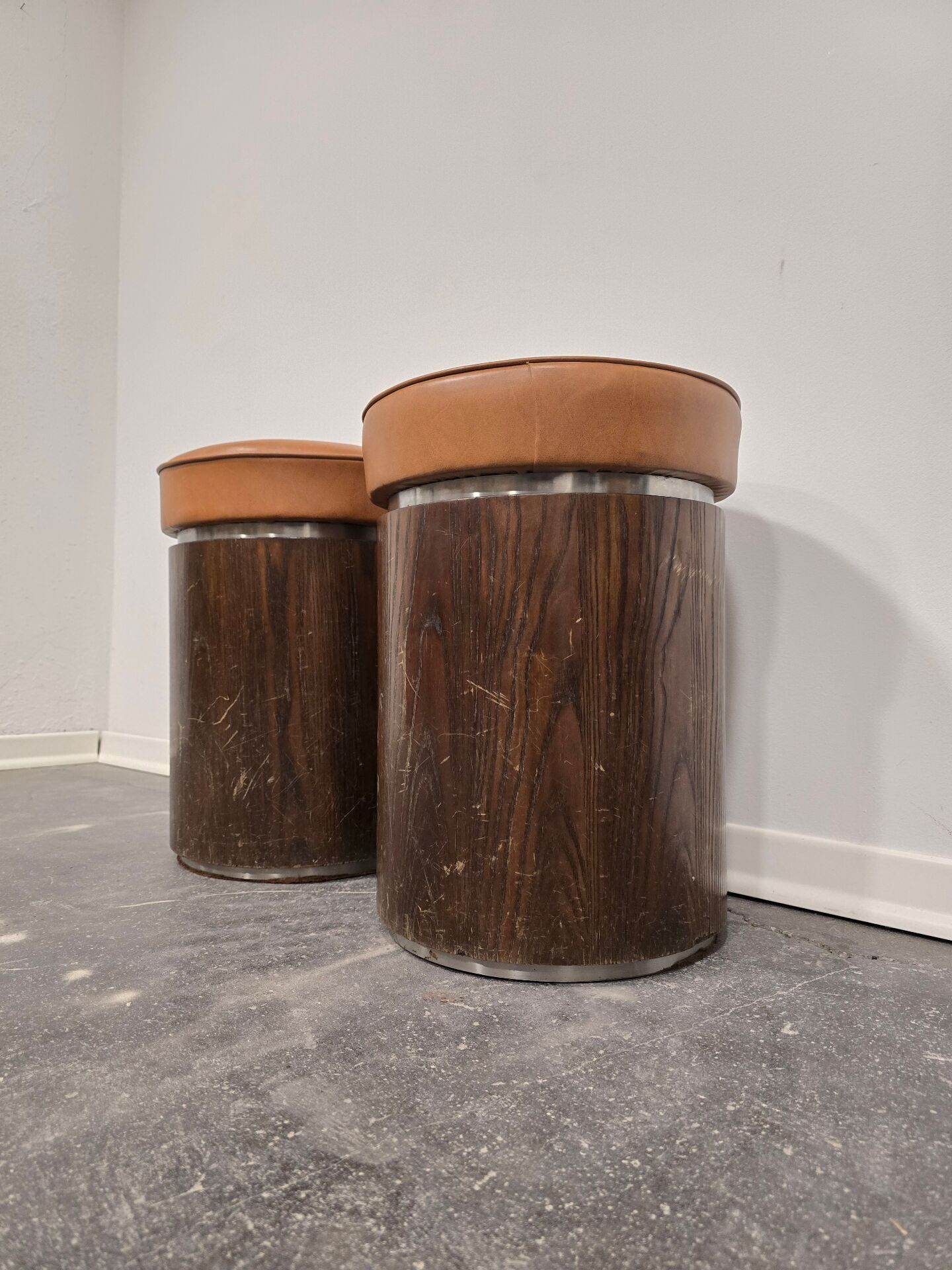 1970s Vintage Wooden Stool – Faux Leather Cushion & Aluminium Trim