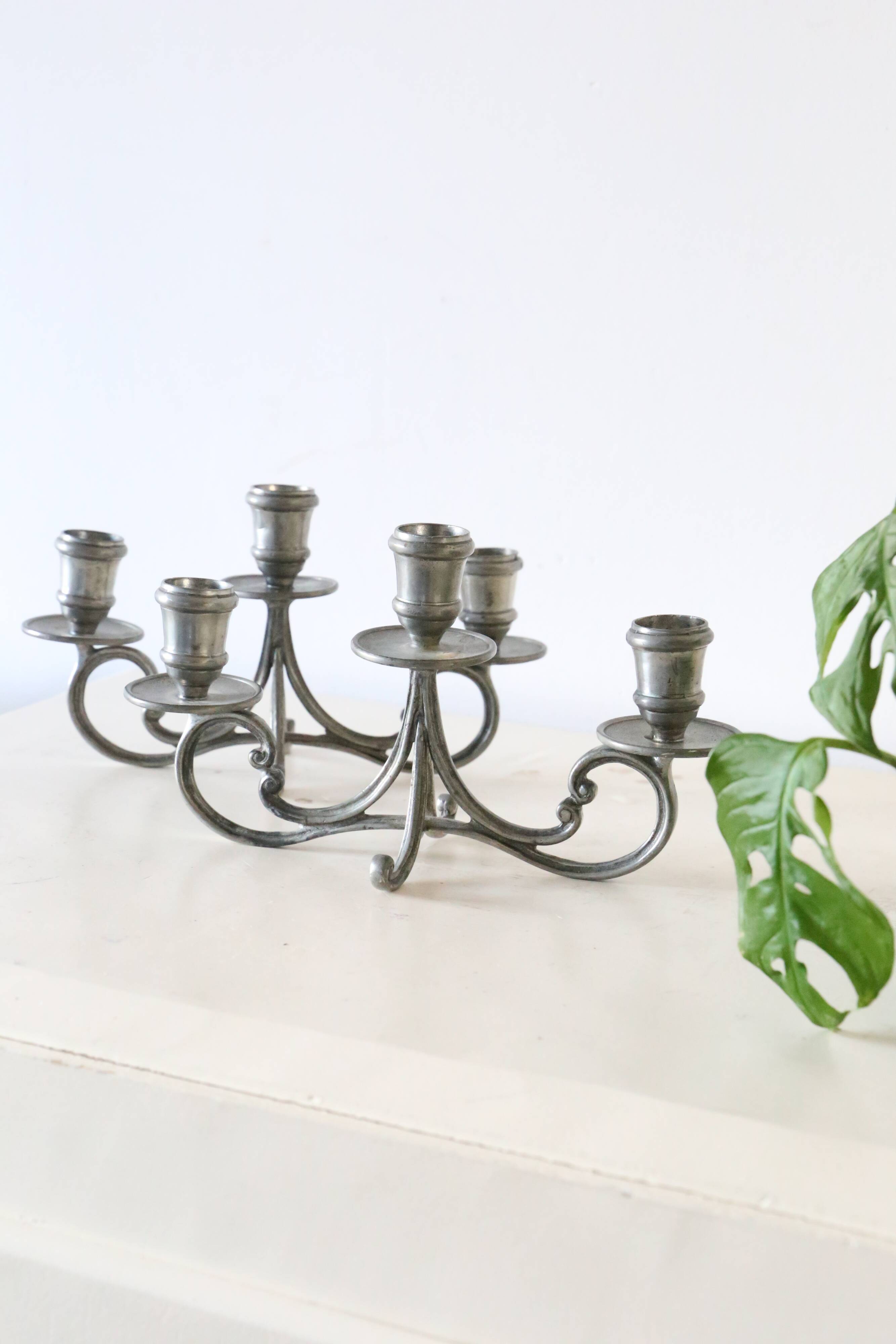 Duo of tin candlesticks, 3 lights, Gothic motifs, vintage