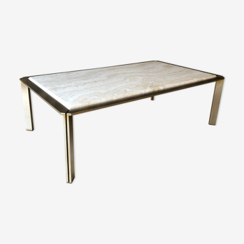 Table en travertin et métal brossé laiton