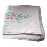 Hand embroidered sheet pink flowers green foliage