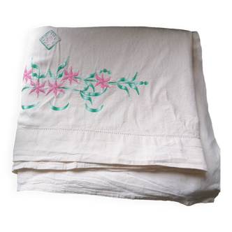 Hand embroidered sheet pink flowers green foliage