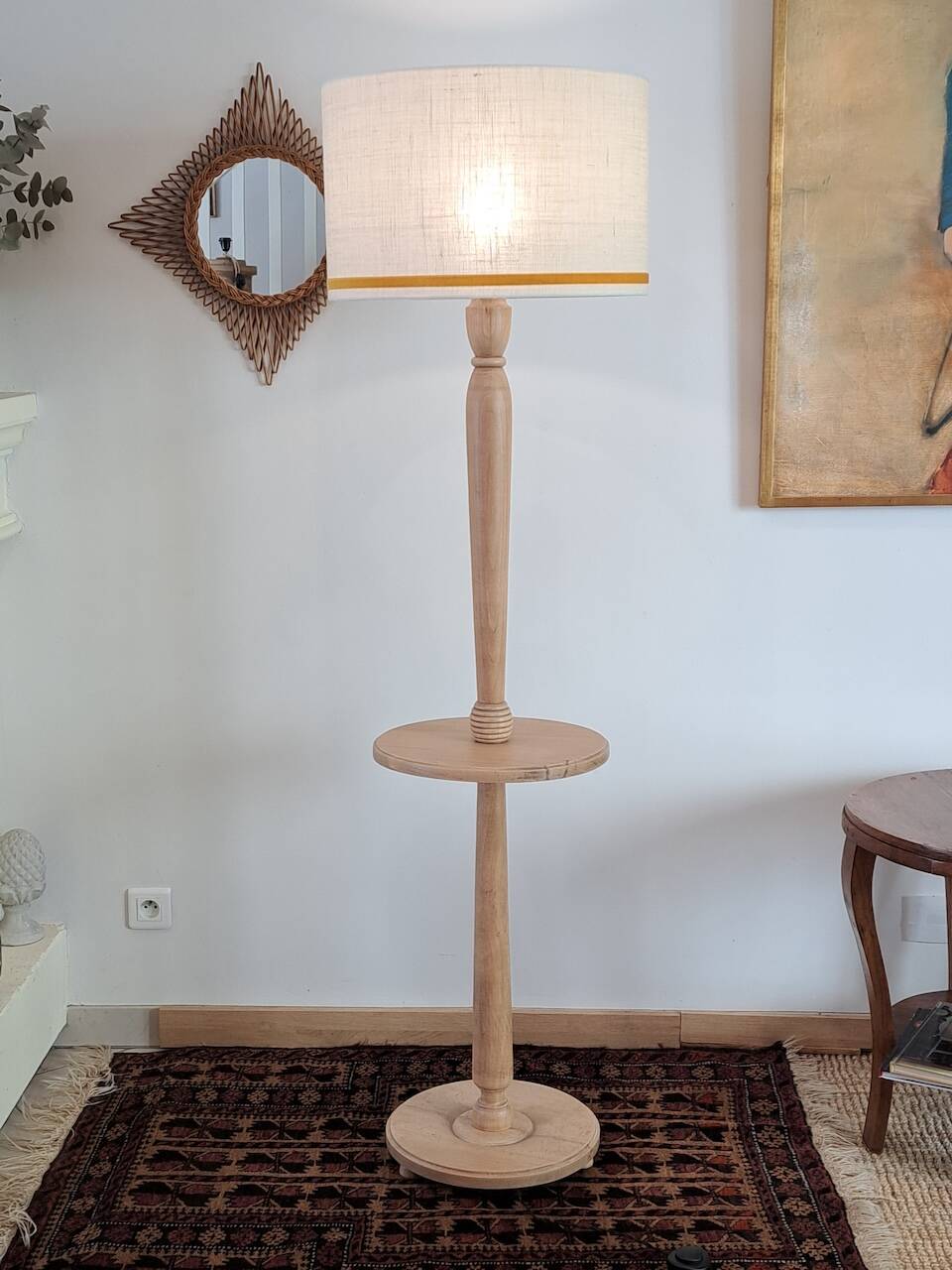 Light wood floor lamp with Art Deco wooden shelf