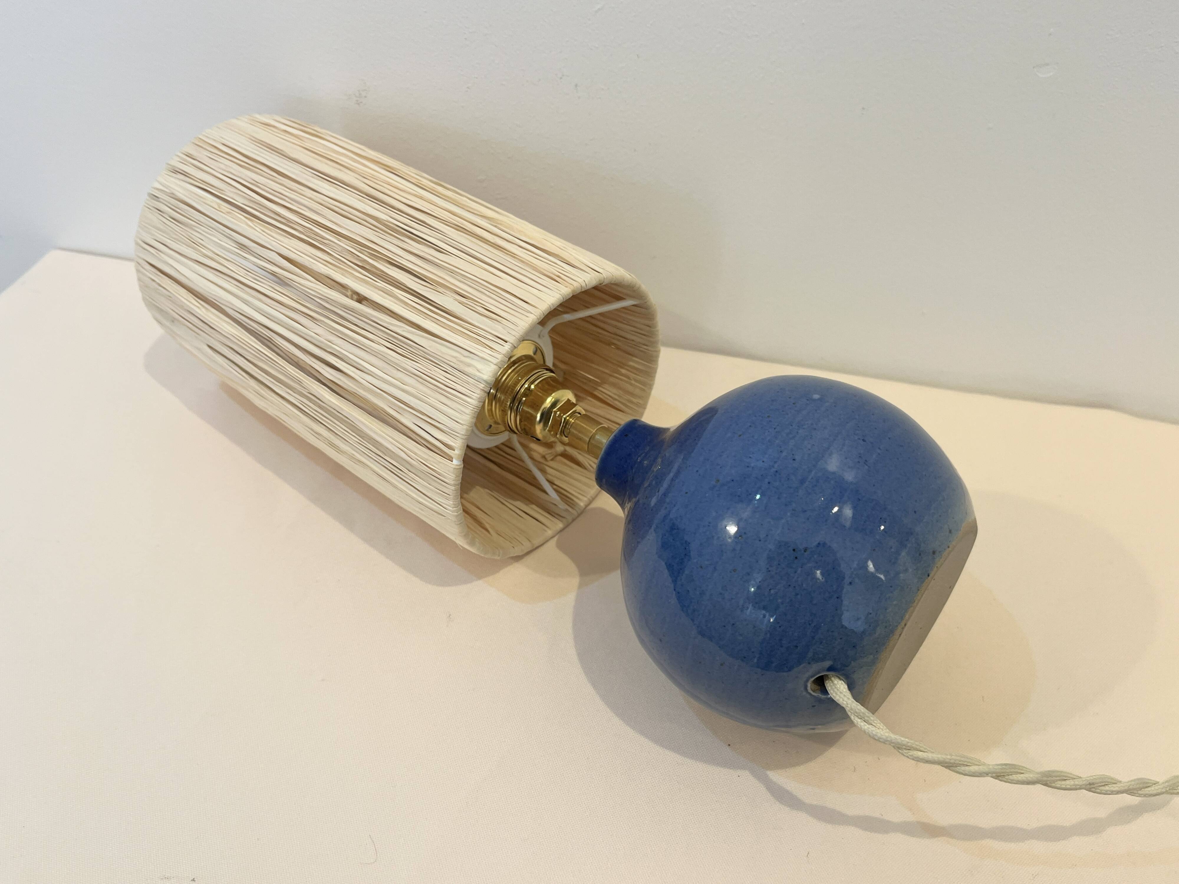 Vintage ball lamp base in blue ceramic stoneware with raffia rope lampshade