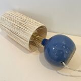 Vintage ball lamp base in blue ceramic stoneware with raffia rope lampshade