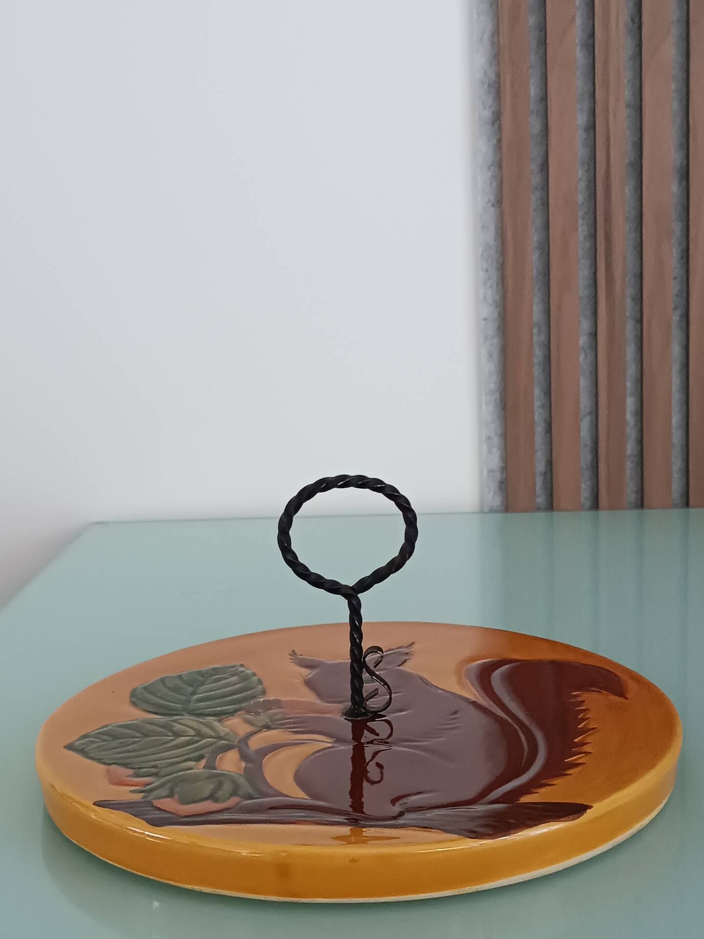 Cheese platter in Vallauris faience, squirrel decoration – 1960s-70s