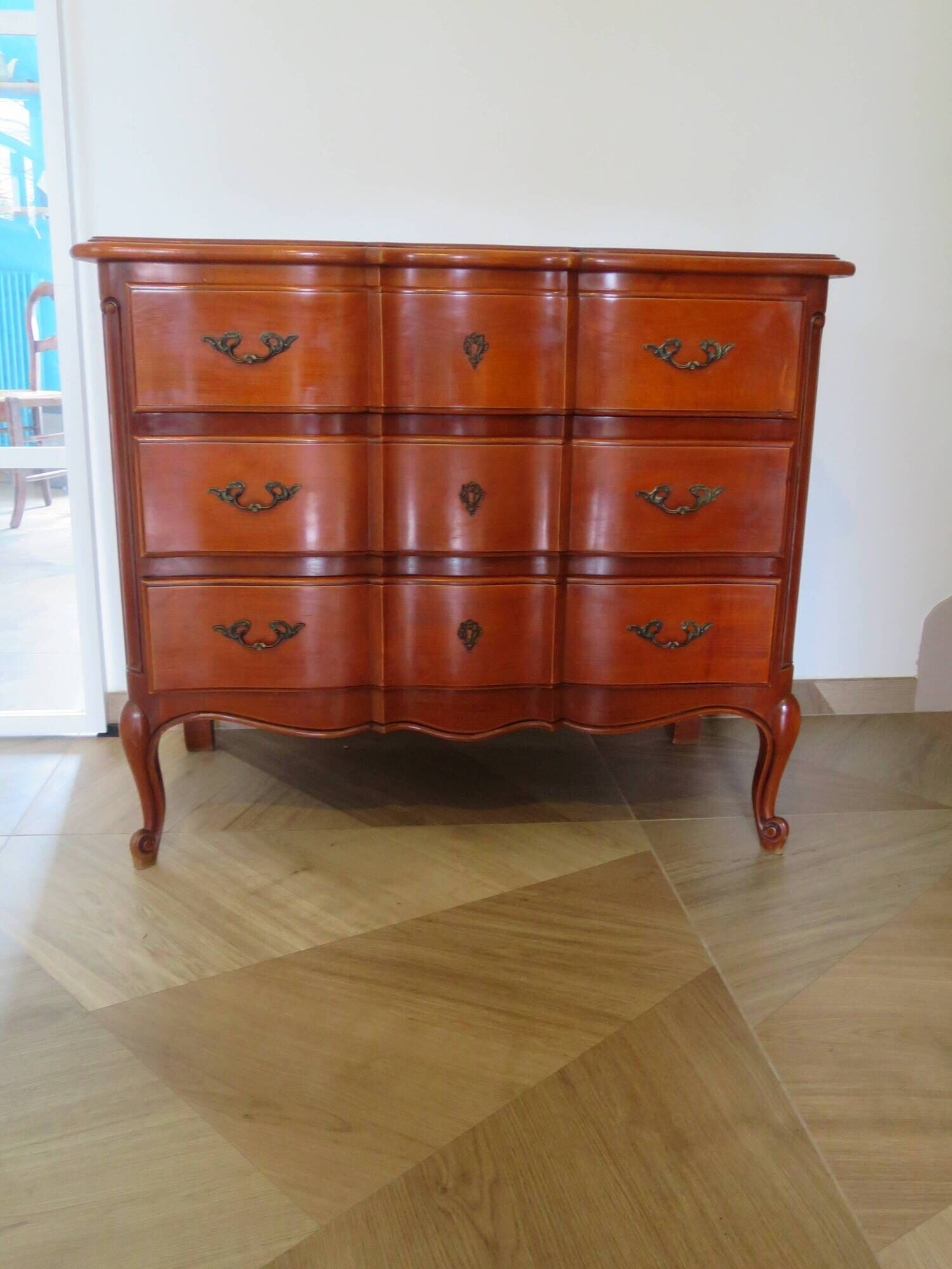 3-drawer chest of drawers in Louis XV style cherry wood, 1980s