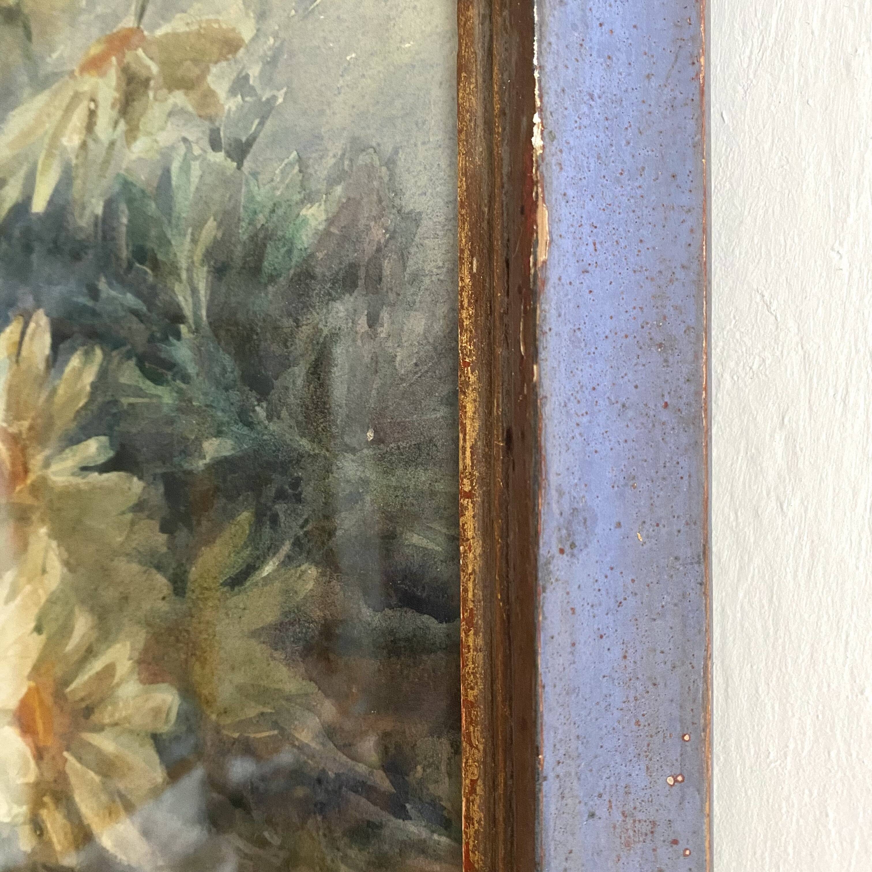 Framed old watercolor flowers M Réginal