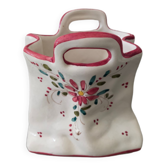 Vase  céramique sac peint à la main vintage/ pot de fleur sac à main en céramique blanche