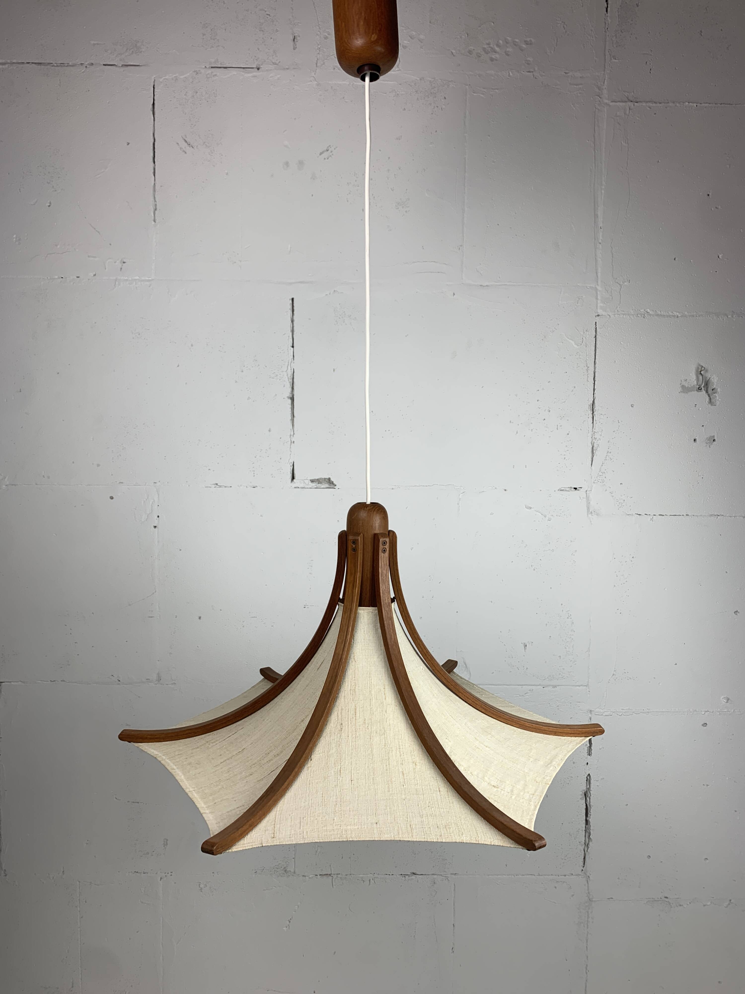 Teak and linen umbrella pendant hanging lamp by Domus, 1970s
