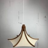 Teak and linen umbrella pendant hanging lamp by Domus, 1970s