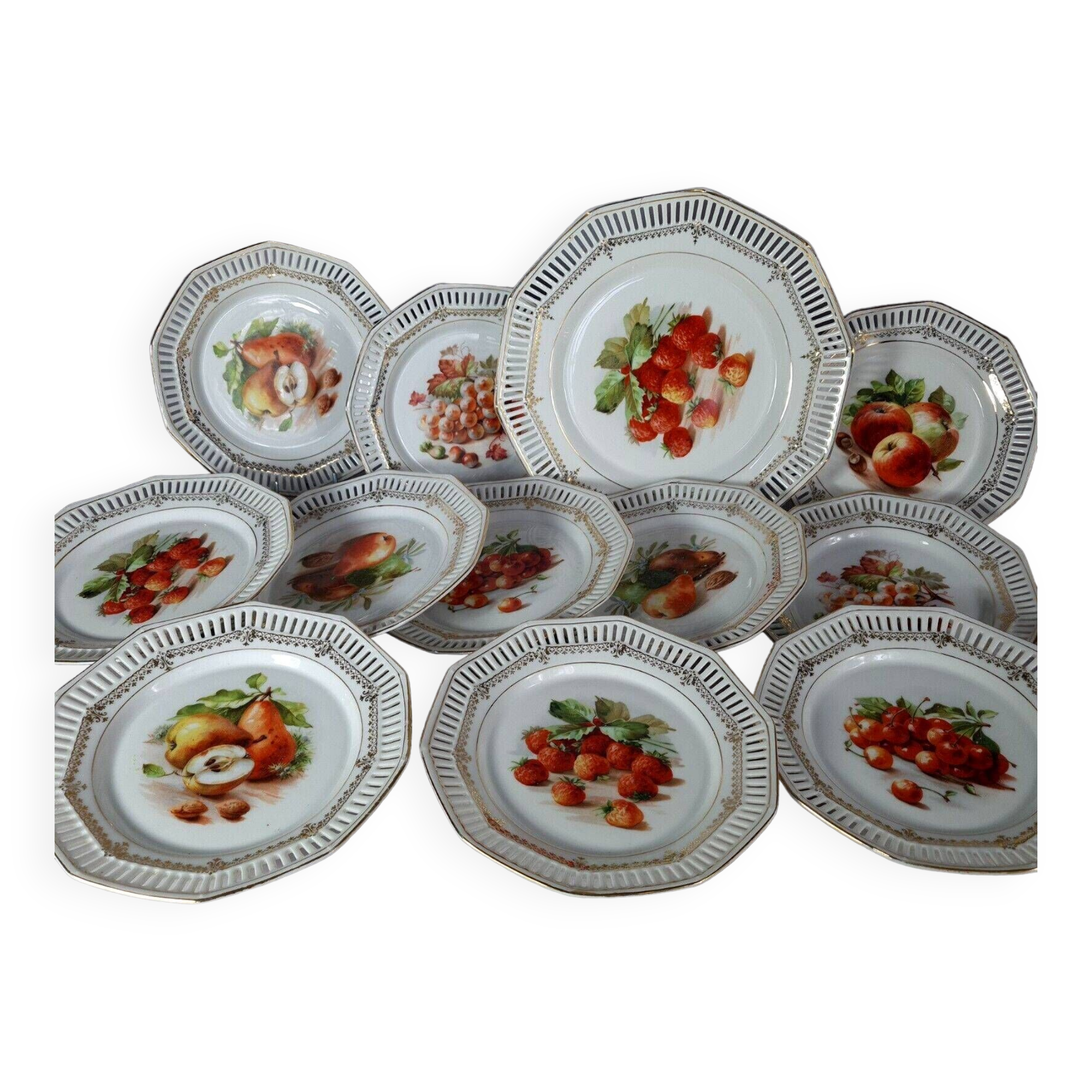 Set of 10 dessert plates & dish, openwork marli & fruits vintage 50s