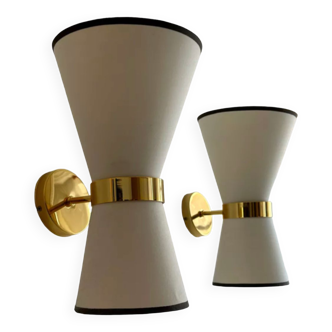Pair of Italian sconces 80's vintage brass fabric