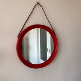 Mid-Century Scandinavian Red Round Wooden Mirror with Leather Strap, 1950s