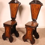 pair of stools in walnut and marquetry - 19th century