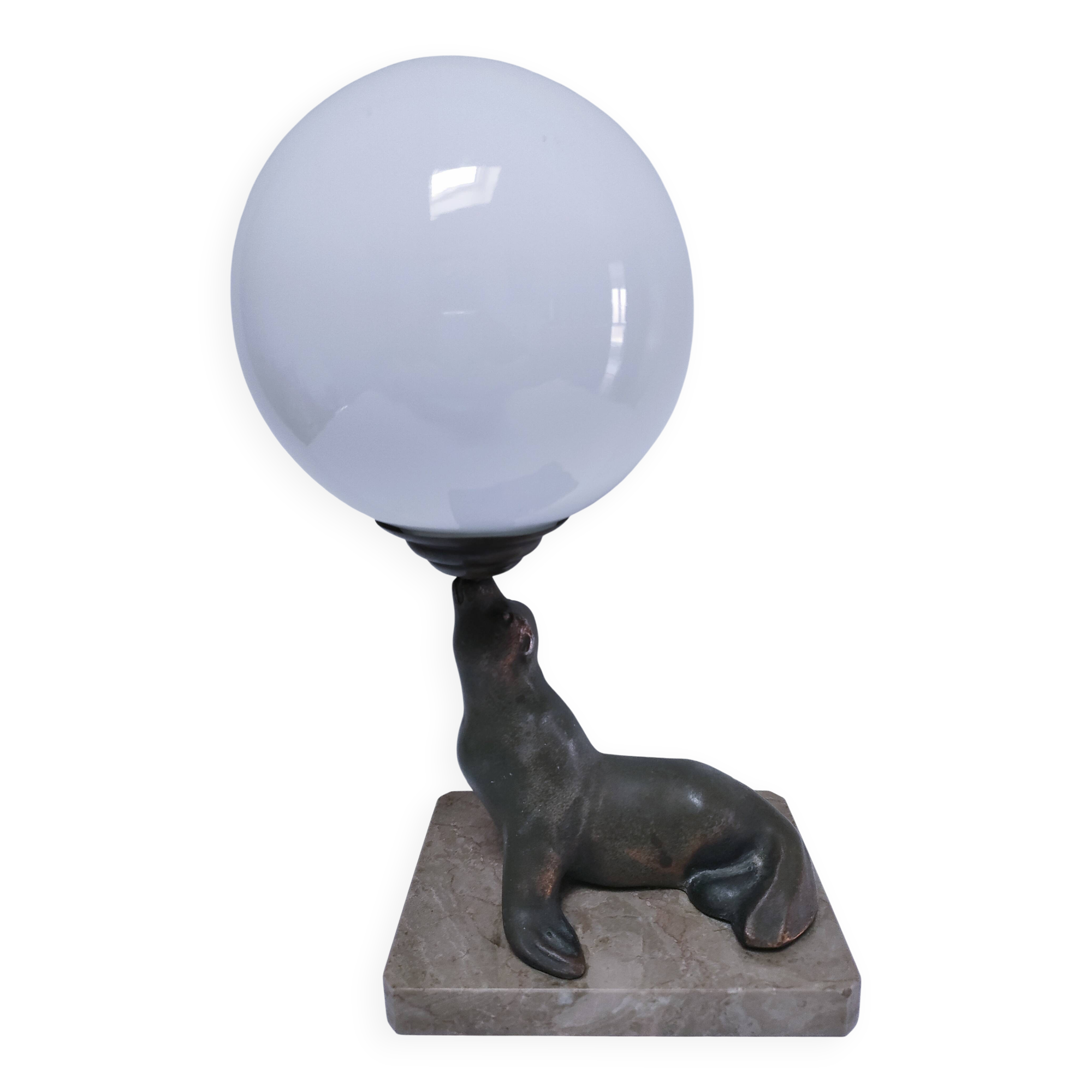 art deco seal lamp marble opaline metal