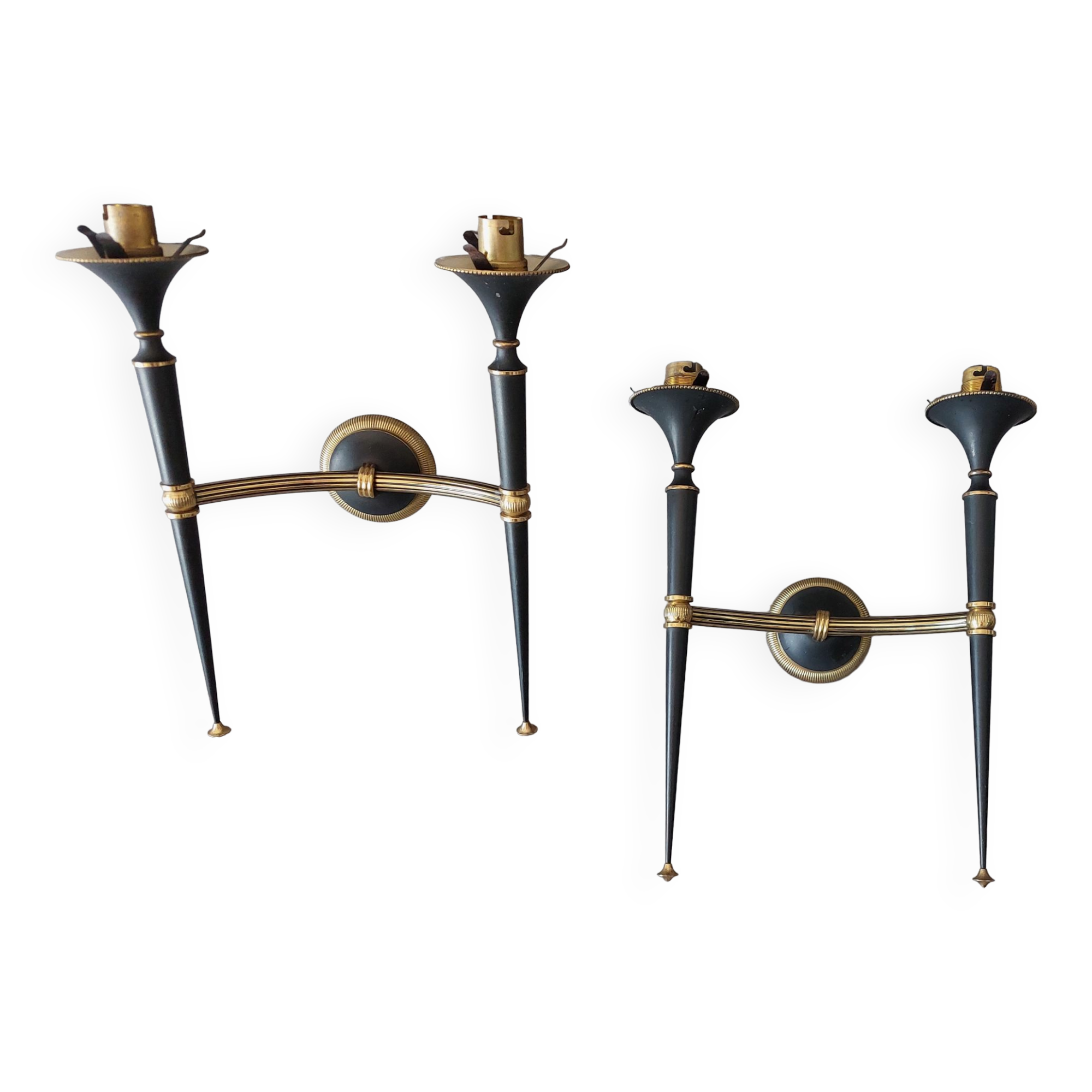 Pair of Maison Arlus torchiere sconces in gold brass and black lacquered 1960