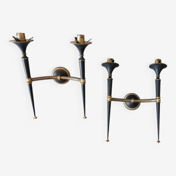 Pair of Maison Arlus torchiere sconces in gold brass and black lacquered 1960