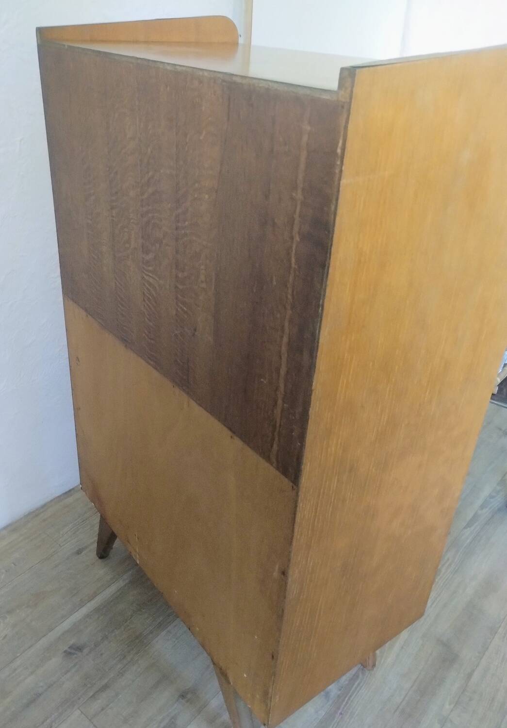 Vintage 1950s secretary desk with compass legs and gilded oak