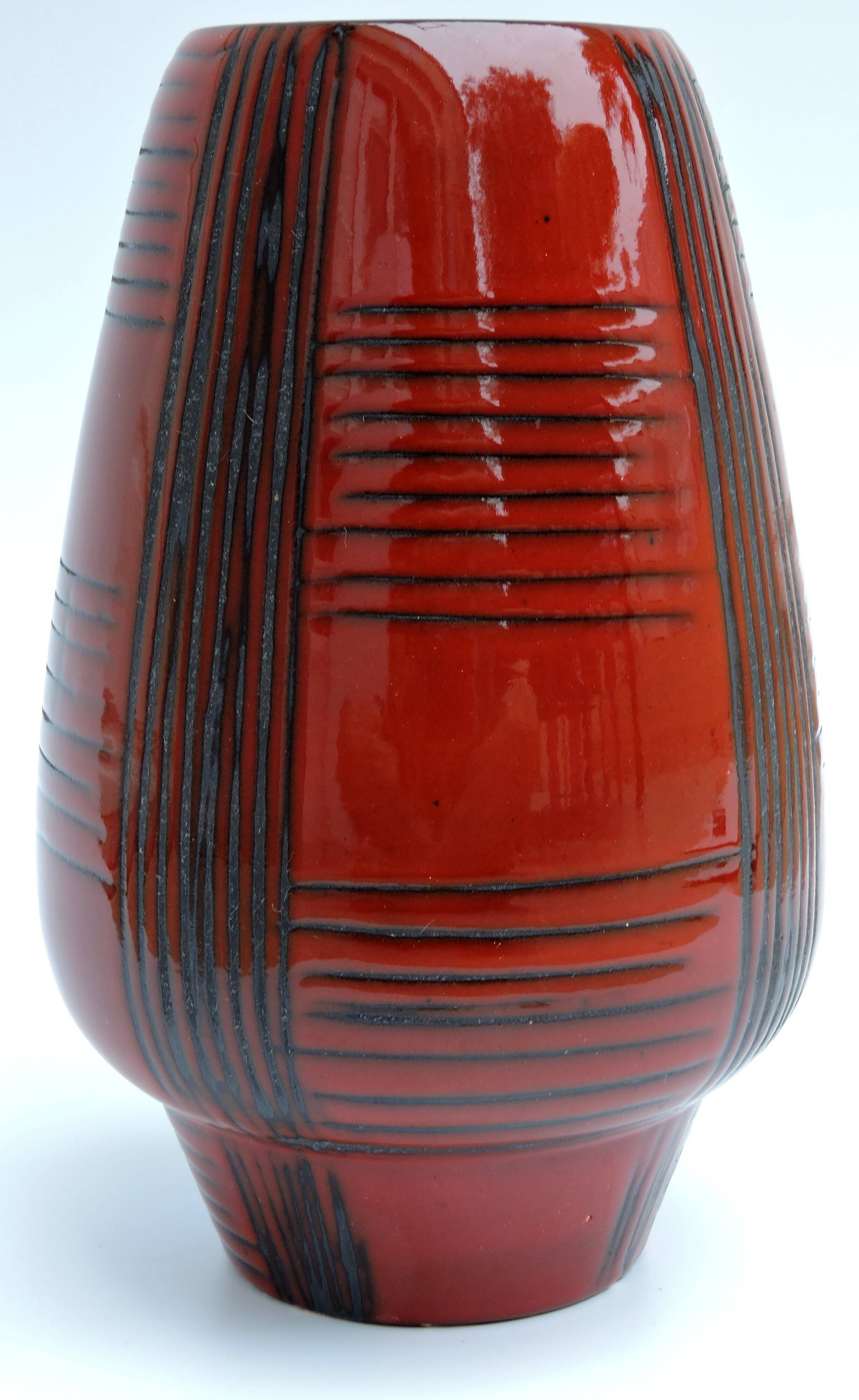 Vintage red ceramic vase scarified decoration elchinger 50' signed