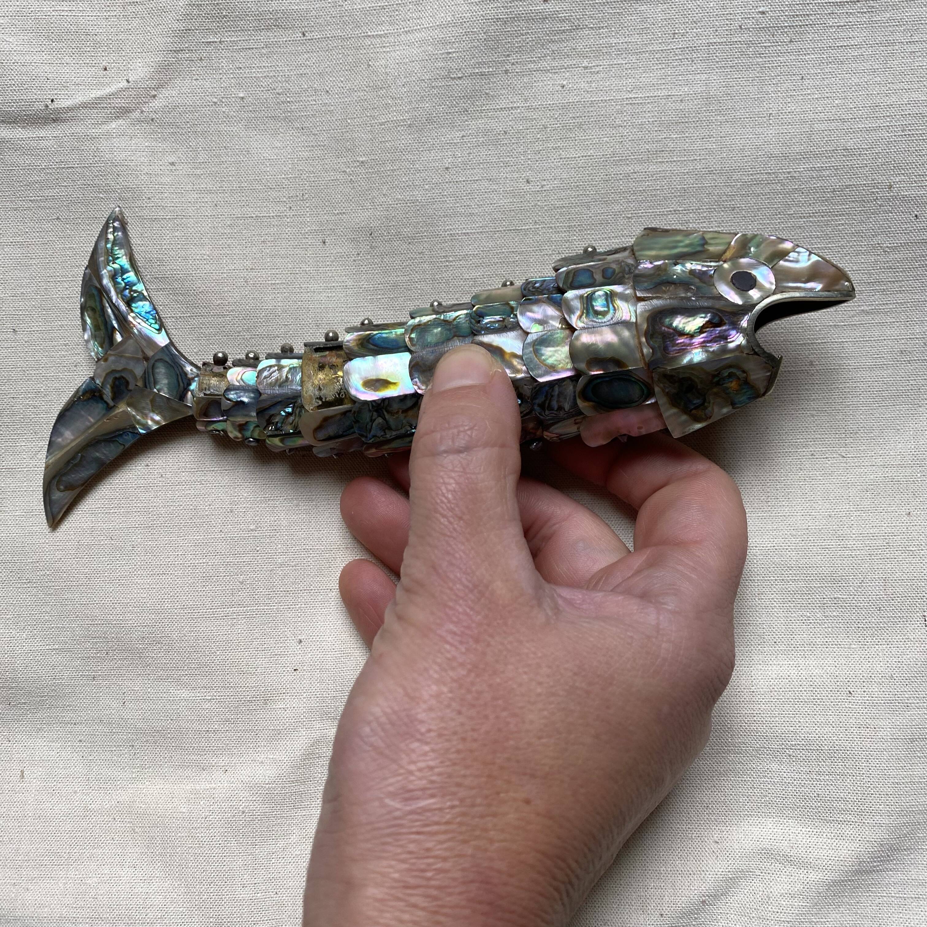 Fish-shaped bottle opener made of seashell and brass, 1970s