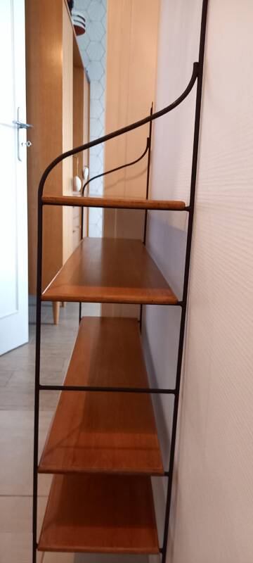Vintage metal and solid wood string style wall shelf.