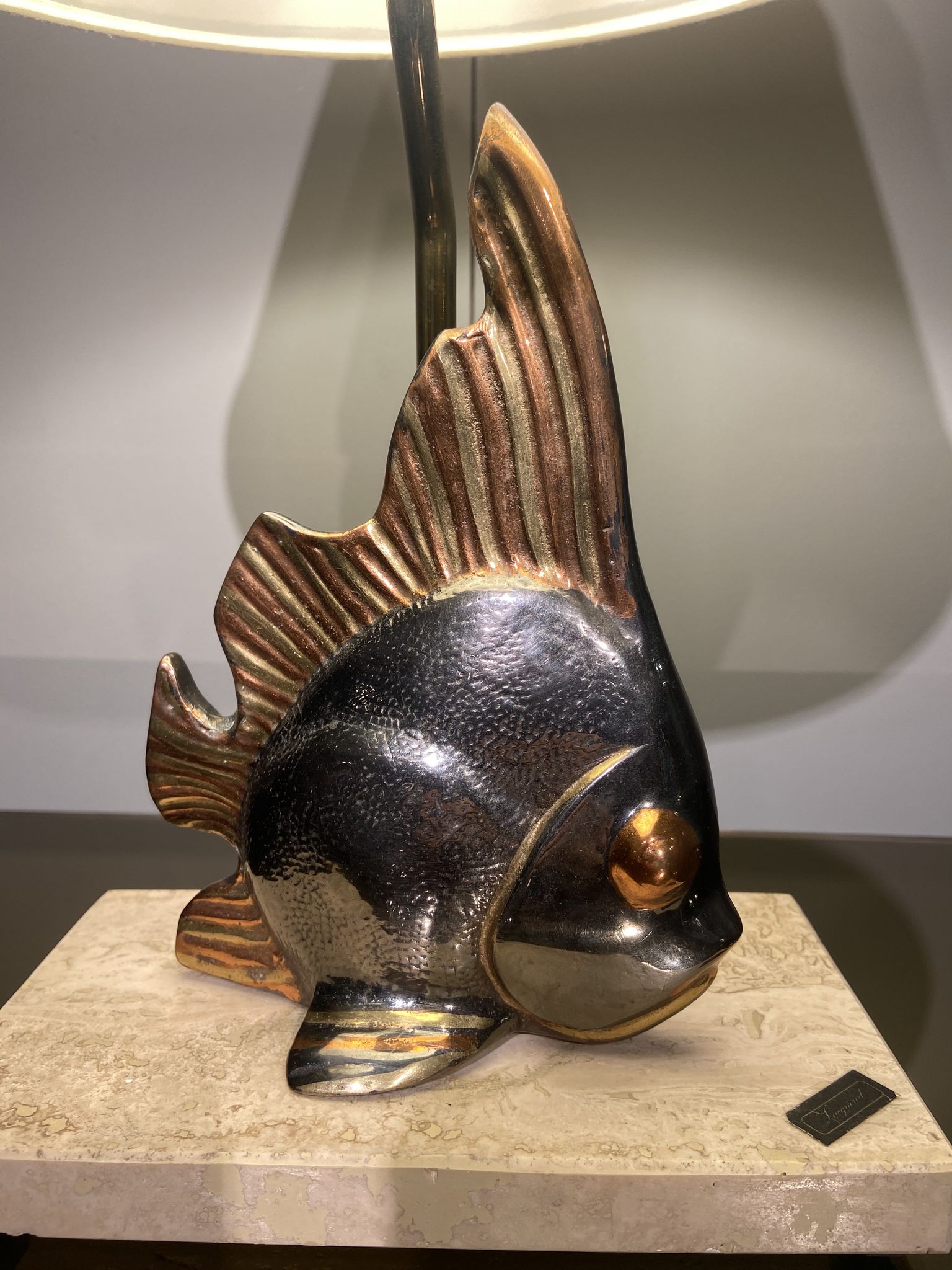 Vintage fish lamp in gold and copper metal