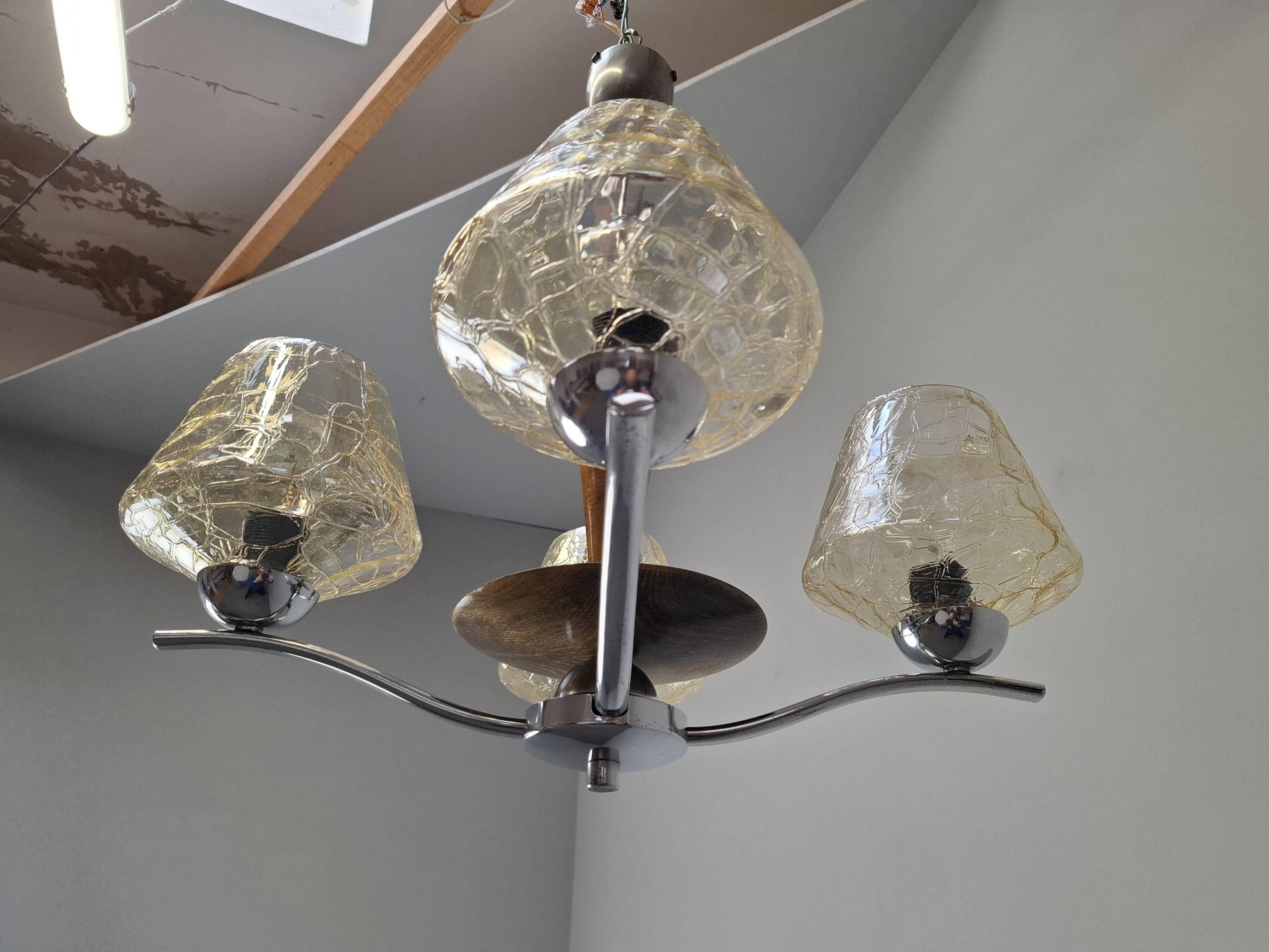 1960s Napako Mid-Century Modern Czech Four-Arm Glass Wood Chrome Chandelier
