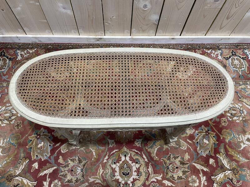 Banquette de piano Louis XVI en cannage et bois rechampi