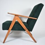 Fauteuil compas restauré, tissu vert forêt, bois de teck, 1960
