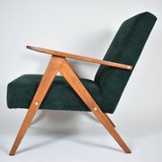Fauteuil compas restauré, tissu vert forêt, bois de teck, 1960