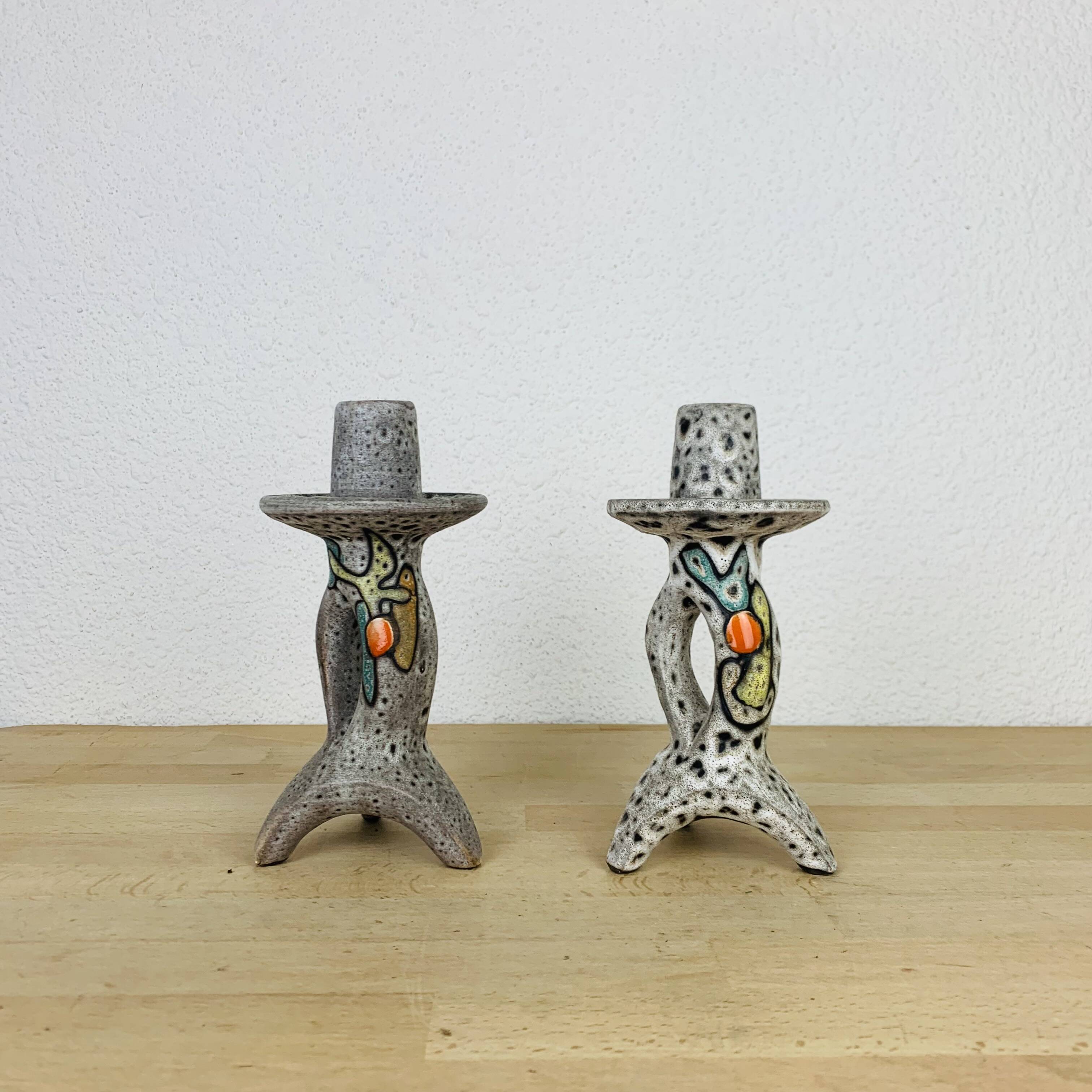 Pair of ceramic candlesticks by Marius Bessone in Vallauris