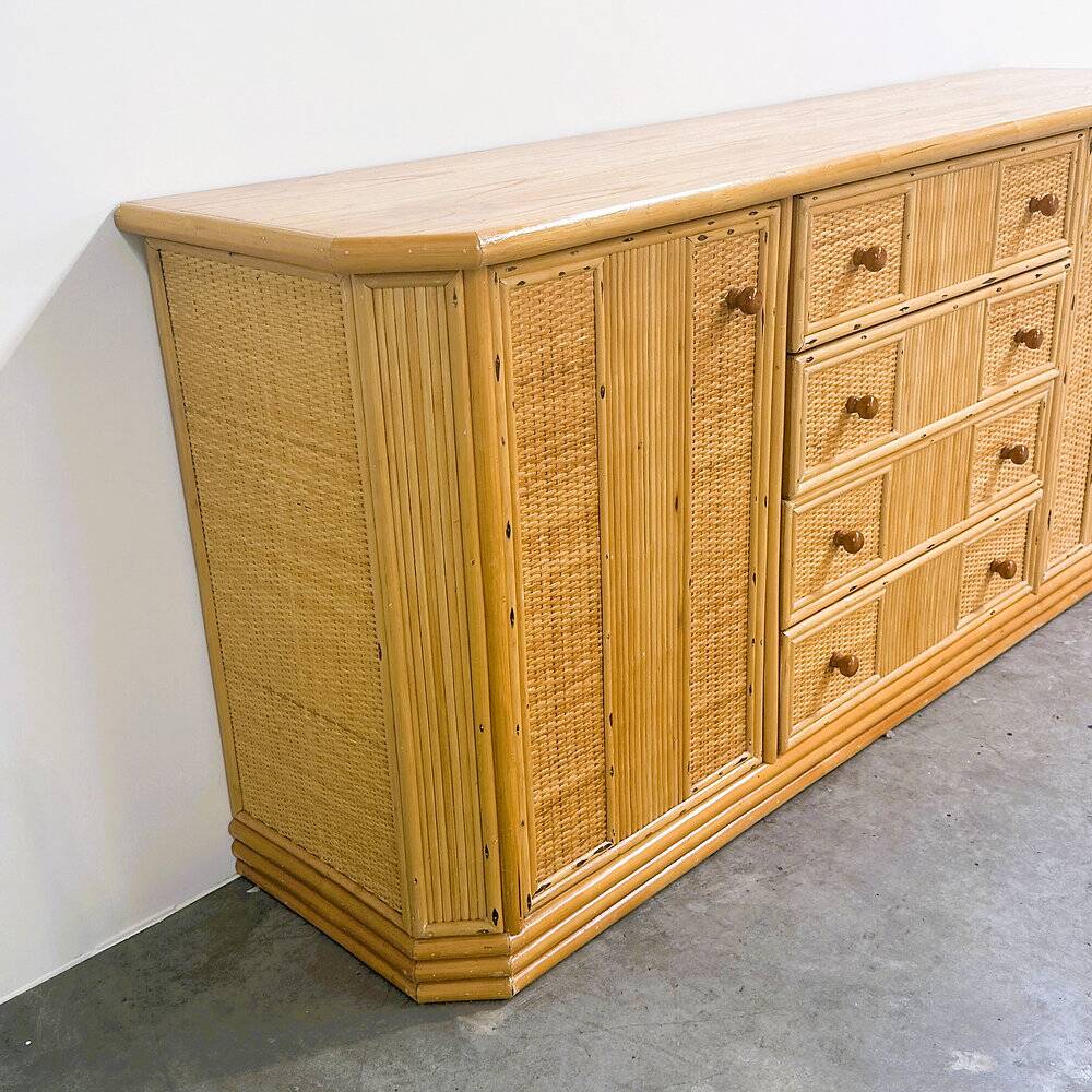 Large coastal rattan and bamboo sideboard credenza, 1980s