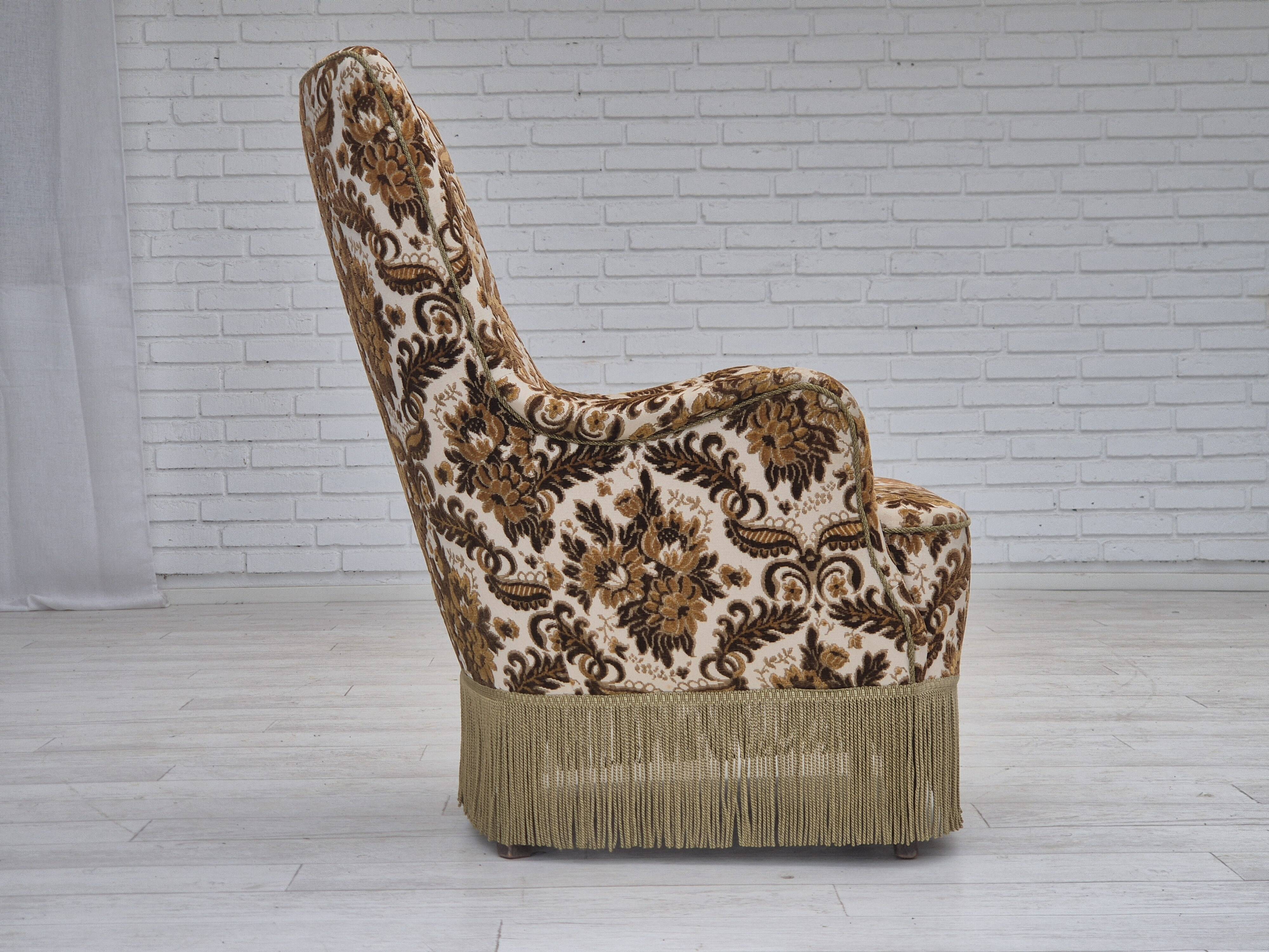 1960s, Danish highback armchair, furniture velour fabric, ash wood.