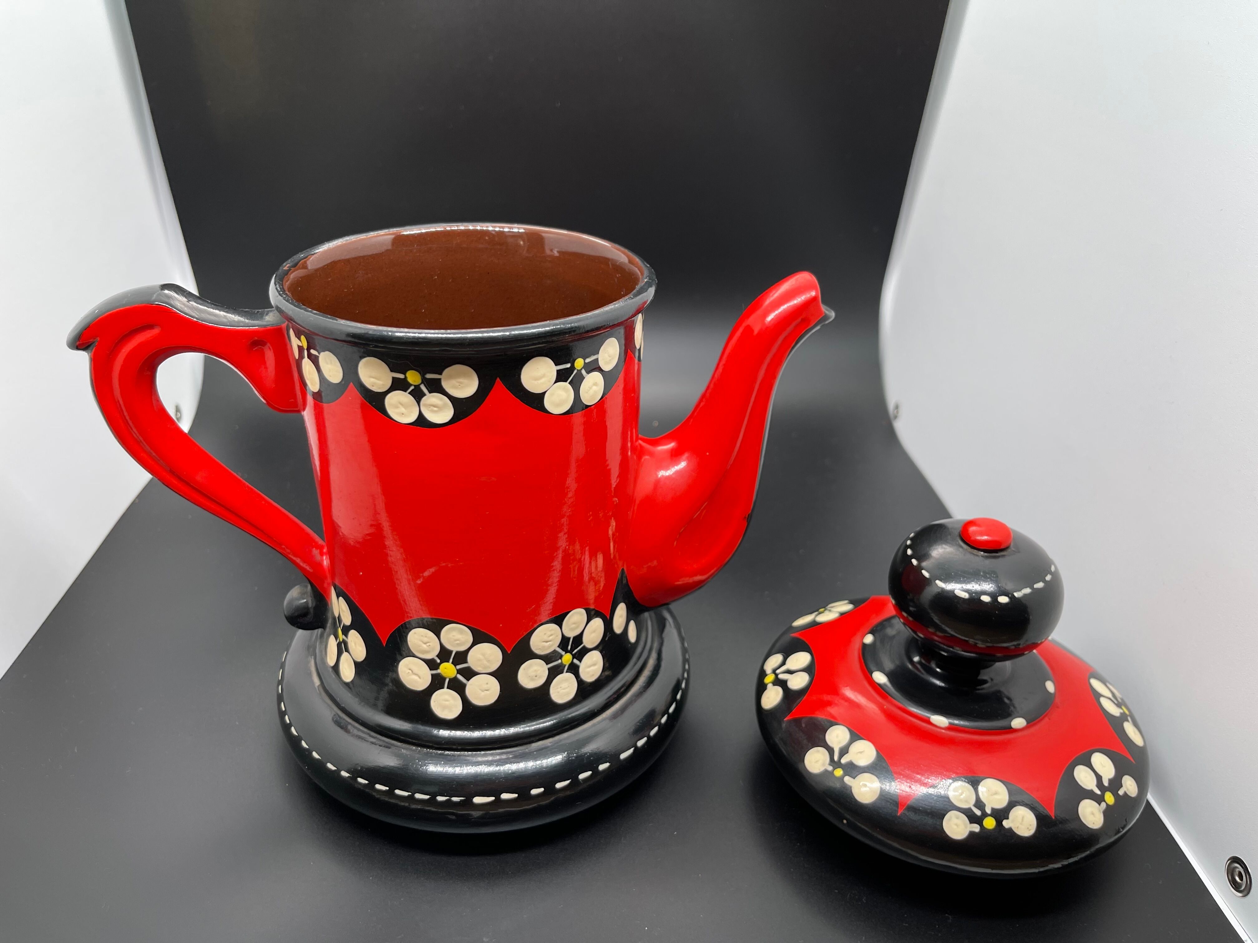 Vintage terracotta teapot glazed and hand painted
