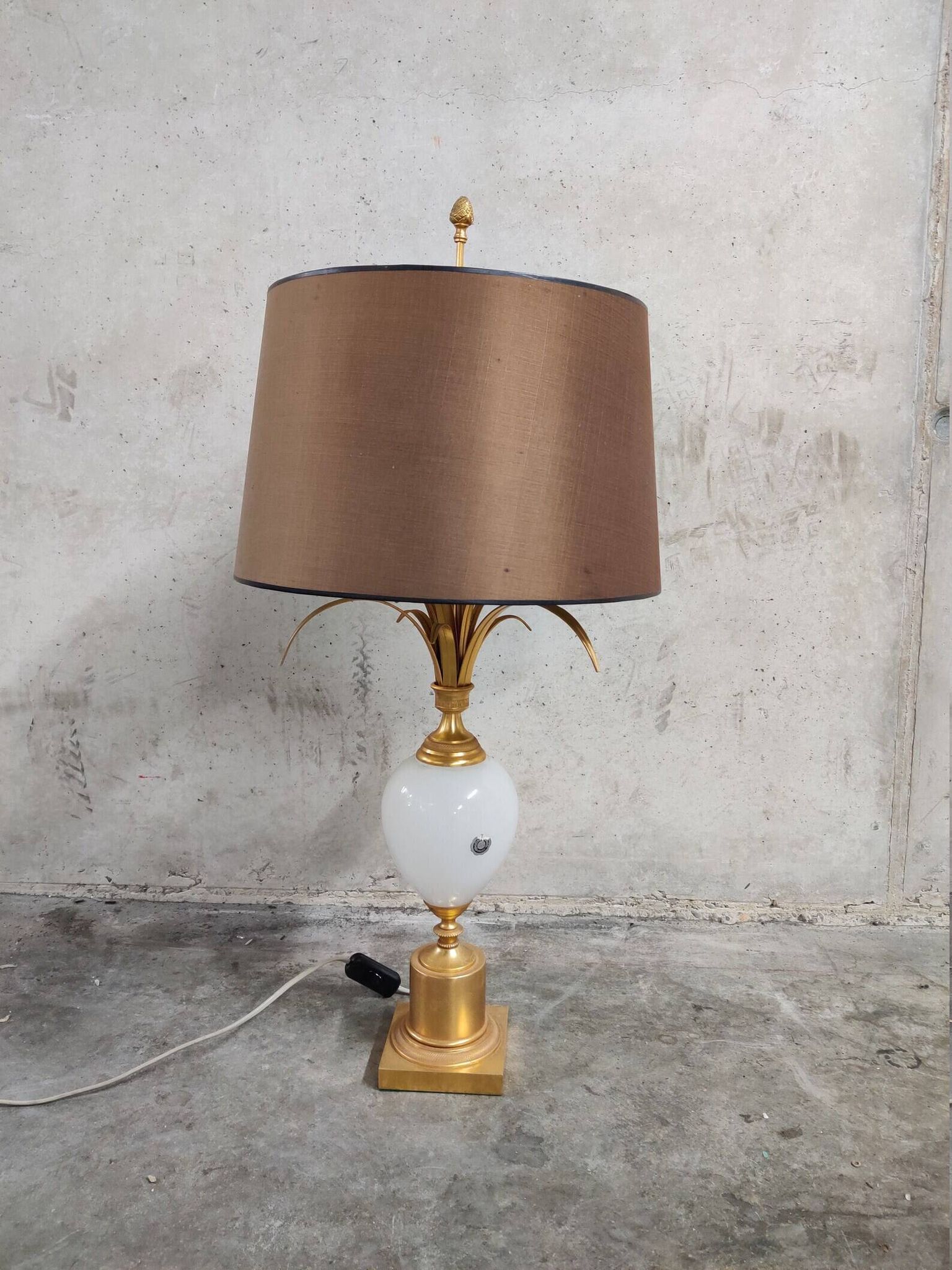 Brass And Opaline Pineapple Leaf Table Lamp 1960s