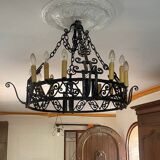 Crown chandelier ceiling light with art deco suspension 1930 in wrought iron