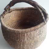Antique leather wicker basket with handle