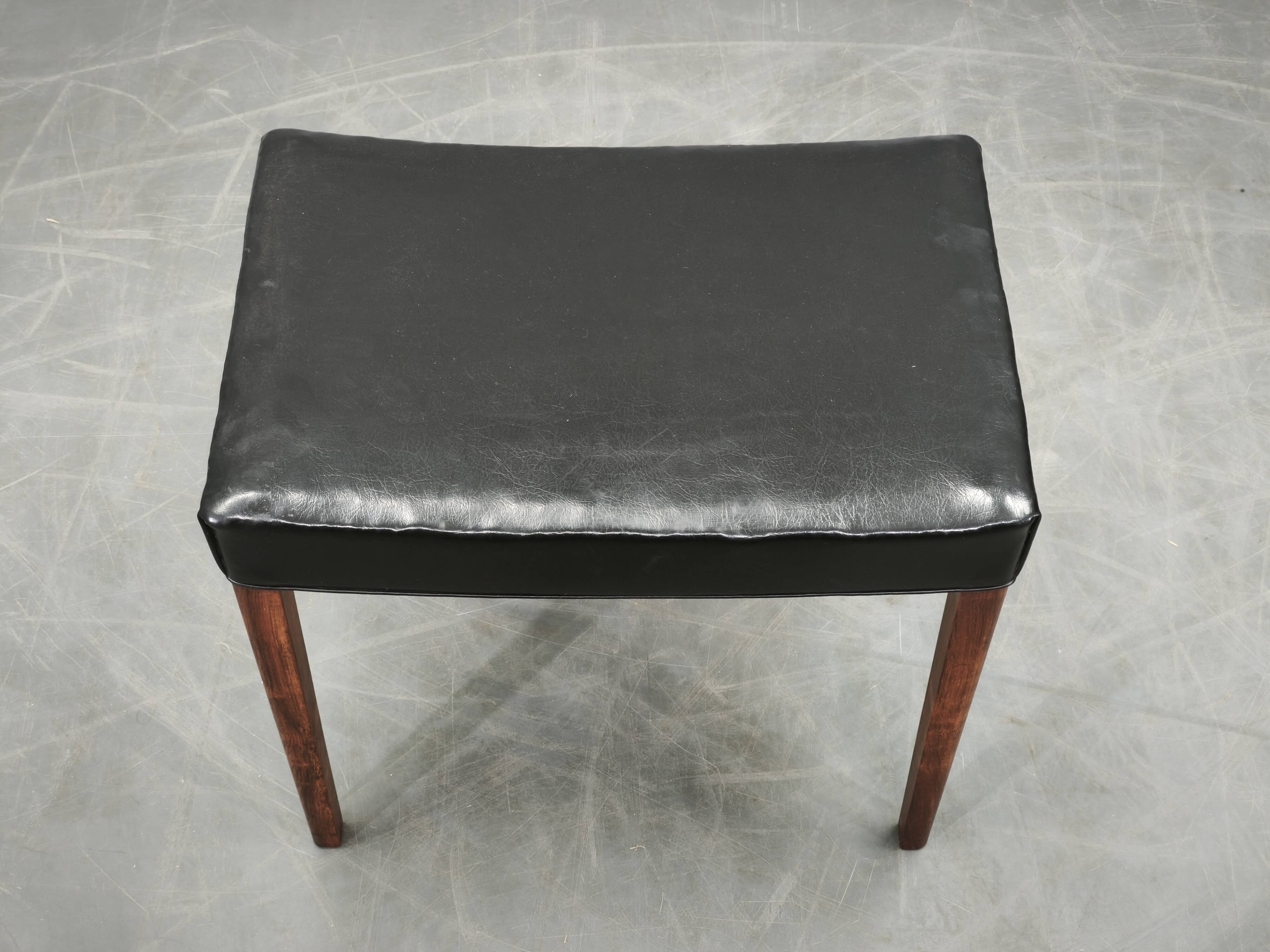 1960s Danish Modern Wood and Black Leather Stool