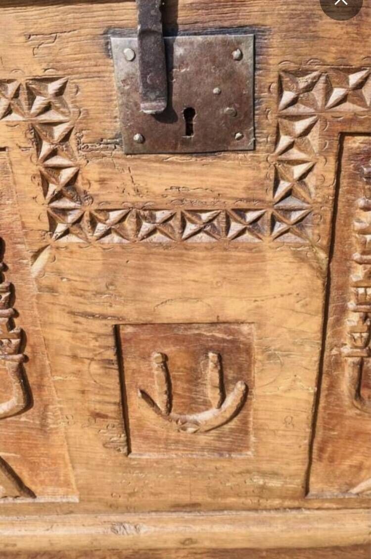wedding chest in solid fruit wood carved with 2 Menorahs and Hebrew symbol from the 18th century or even before.