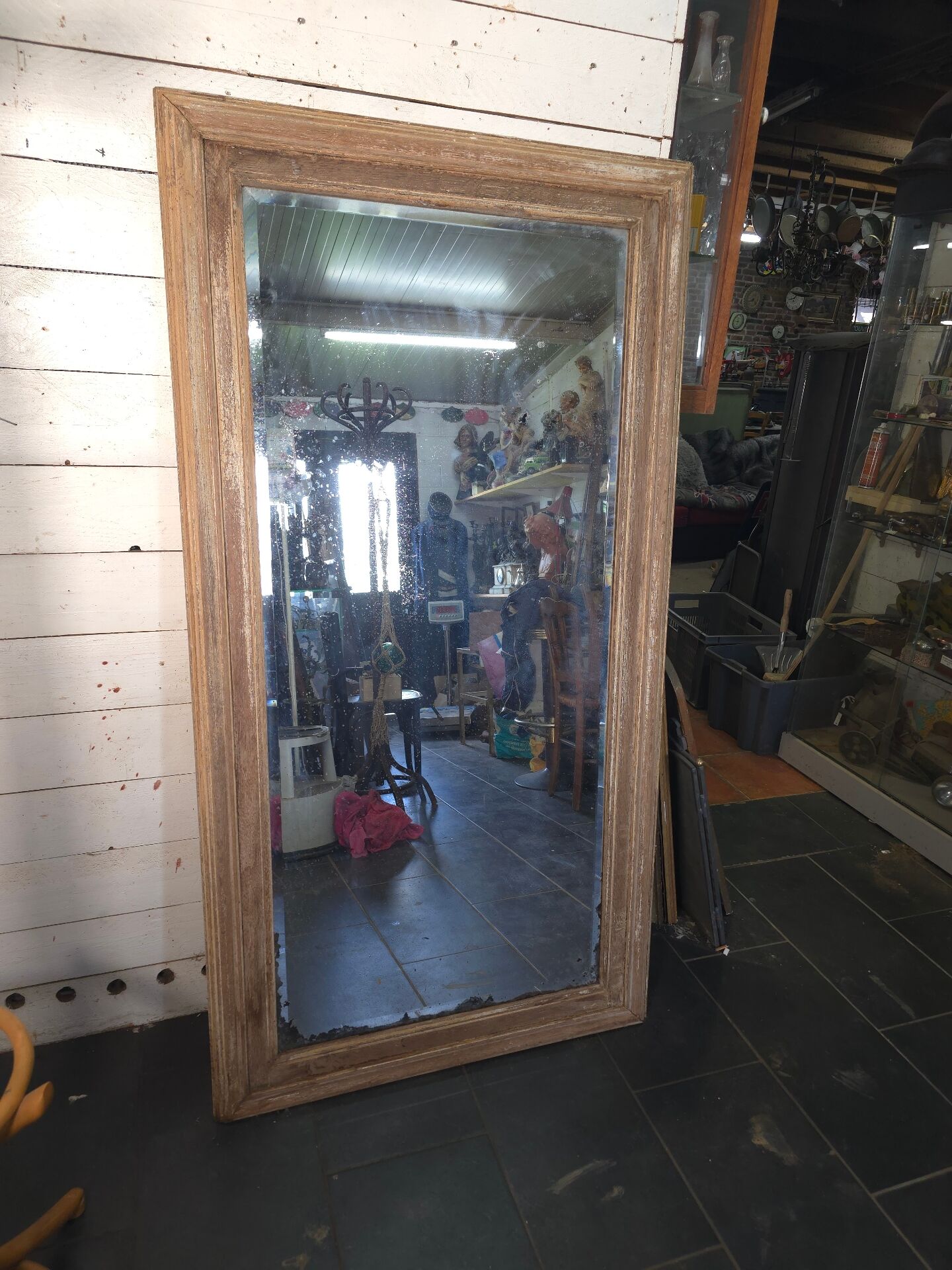Large bevelled floor mirror in oak