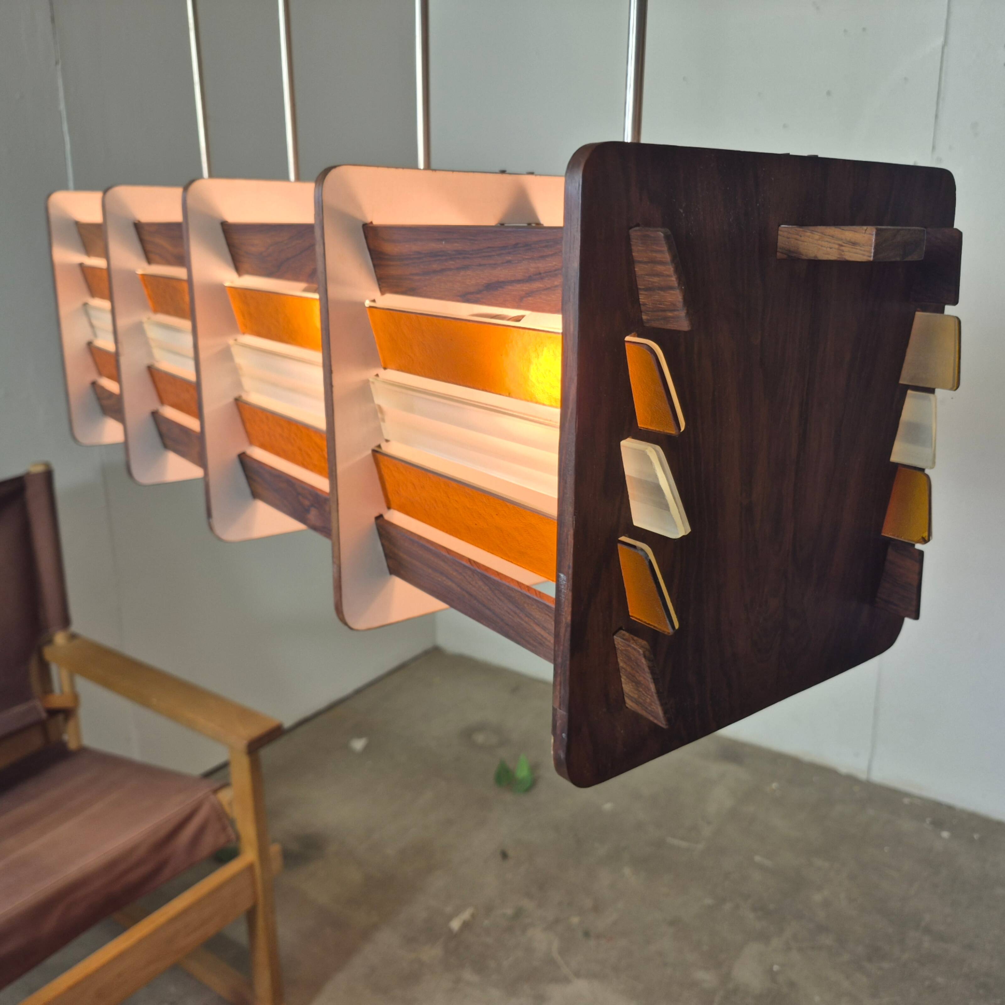 Mid century handcrafted wood and glass chandelier: Netherlands 1960s