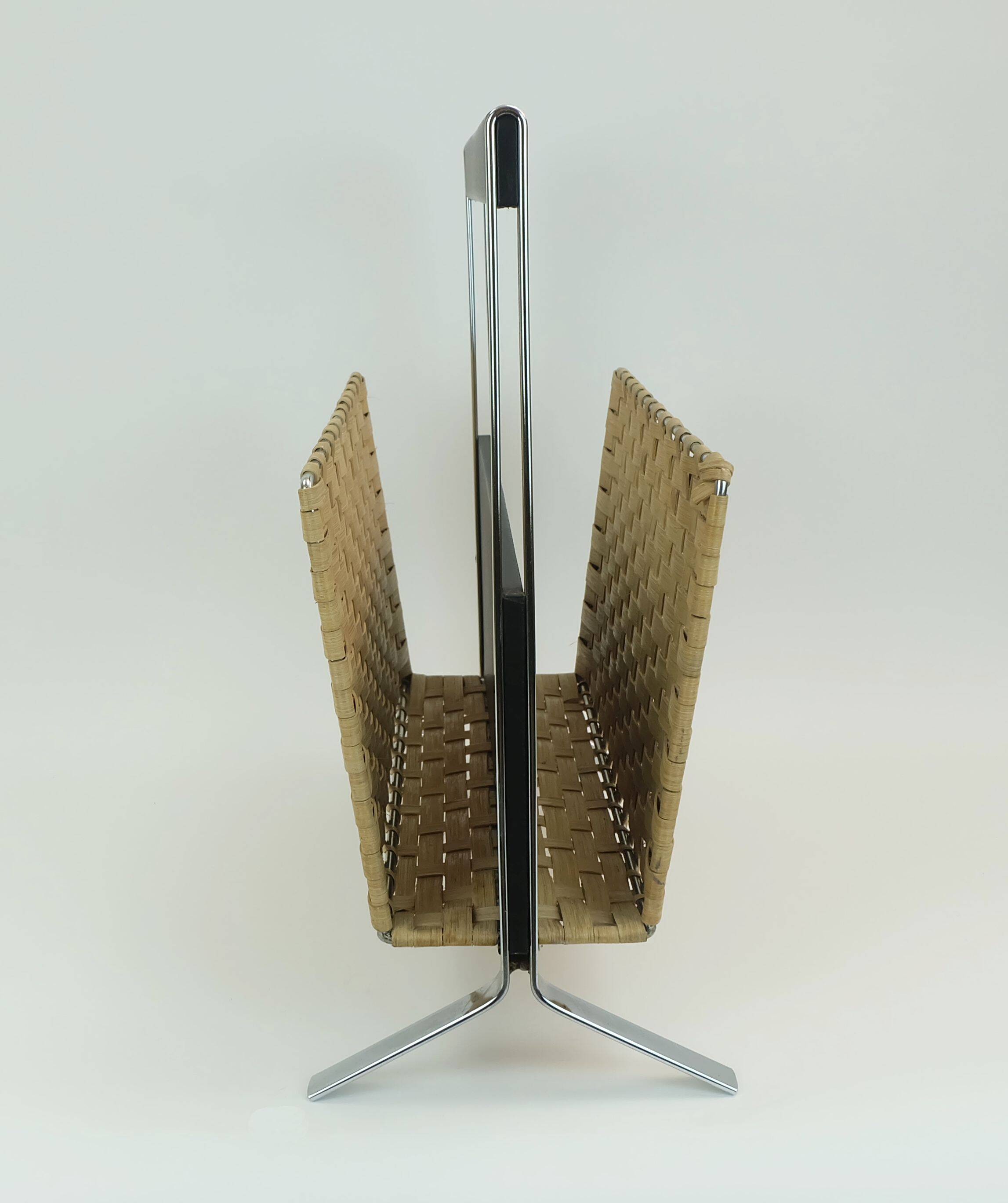 1970s vintage magazine rack newspaper holder chrome leather bamboo