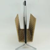 1970s vintage magazine rack newspaper holder chrome leather bamboo