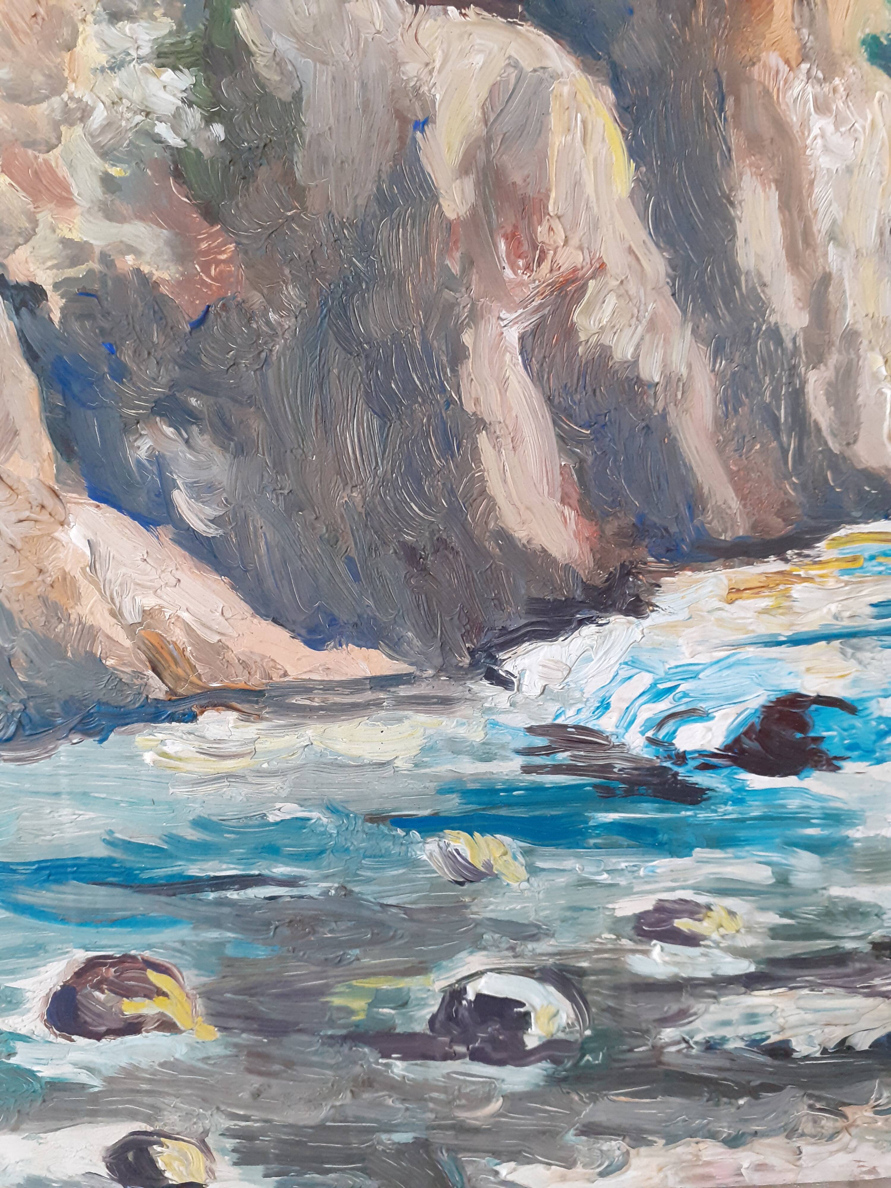 Painting Pont Napoléon Luz Saint Sauveur 1950 signed