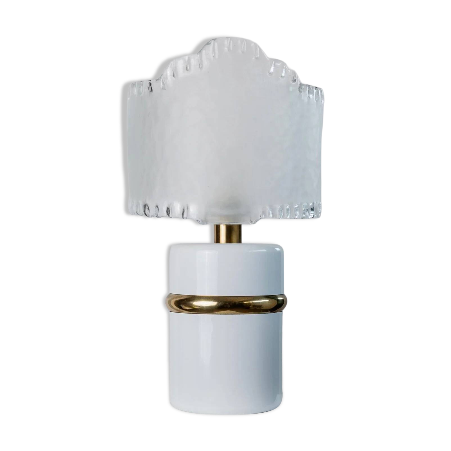 Vintage Murano glass table lamp – white, gold metal base, frosted glass shade – Italy 1980s
