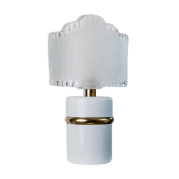 Vintage Murano glass table lamp – white, gold metal base, frosted glass shade – Italy 1980s
