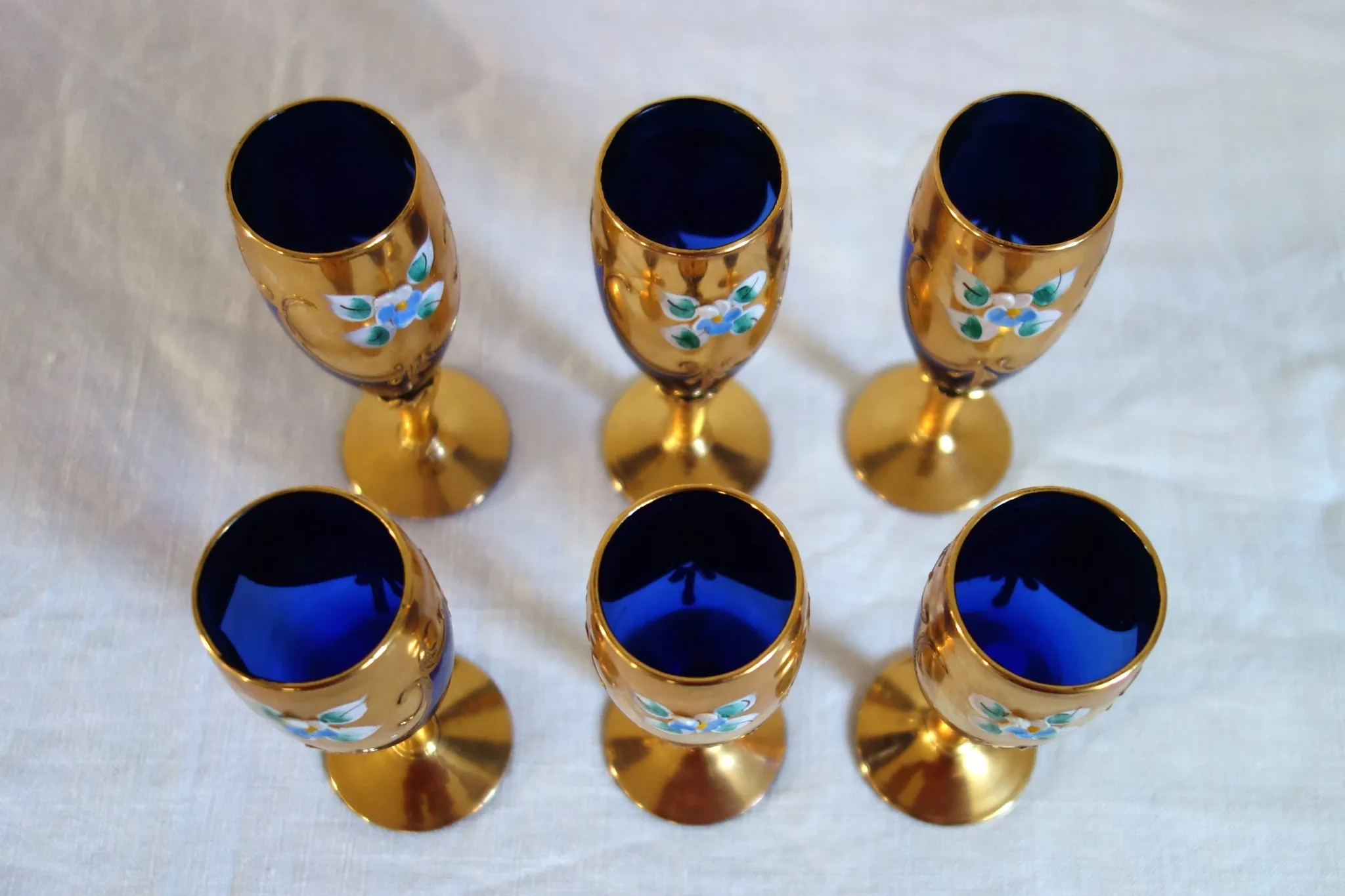 6 vintage cobalt blue and gold Murano aperitif glasses