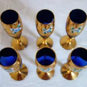 6 vintage cobalt blue and gold Murano aperitif glasses