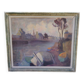 Vintage gouache painting of a riverbank in Brittany.